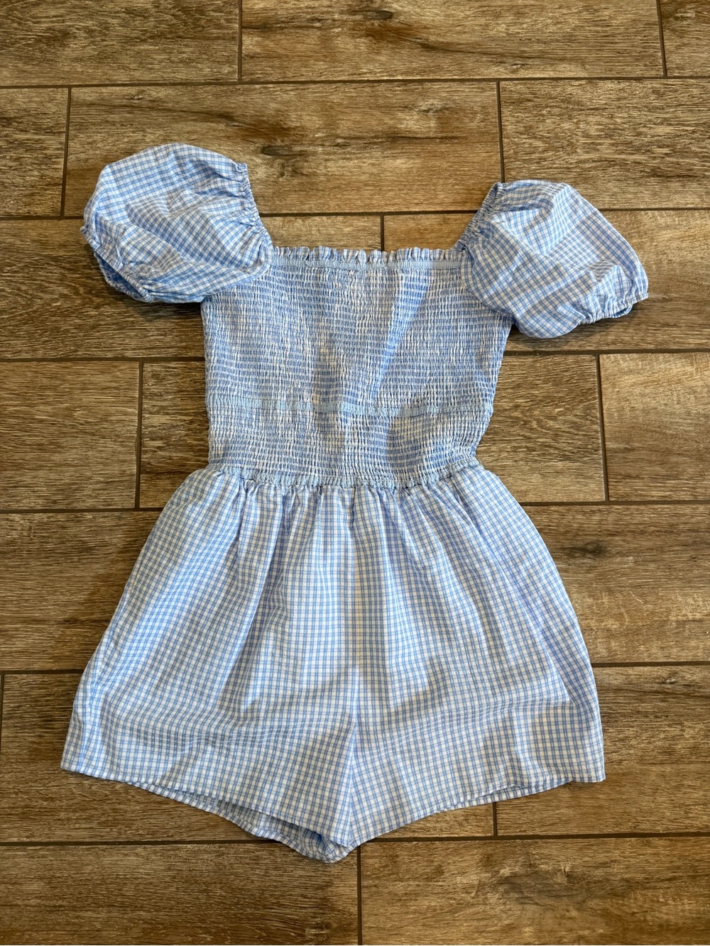 Gilli Light Blue Gingham Smocked Puff-Sleeve Romper